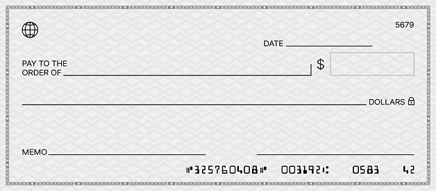 Bank check, vector blank money cheque, checkbook template with guilloche pattern and fields. Currency payment coupon, money check background