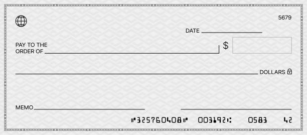 Bank check, vector money cheque, chequebook design Bank check, vector blank money cheque, checkbook template with guilloche pattern and fields. Currency payment coupon, money check background banking stock illustrations