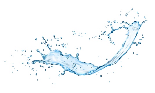 Blue water wave flow splash shape. Isolated water swirl with vector realistic drops, bubbles and droplets. Clear transparent wave of drinking water, ocean or sea aqua stream with ripple texture