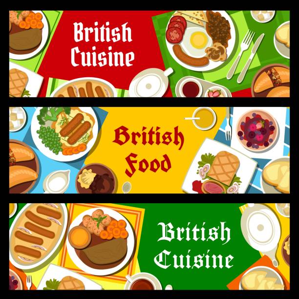 ilustrações de stock, clip art, desenhos animados e ícones de british cuisine reastaurant meals vector banners - yorkshire pudding