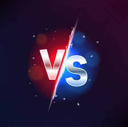 VS versus sign, game, sport confrontation or challenge. Vector white glossy letters and red with blue glow on black background with sparks. Sports fight or battle, competition, martial arts combat