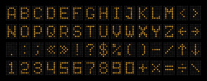 Scoreboard font, LED board alphabet or airport display type letters, vector digital panel. Scoreboard font with numbers of electric led dots, score board or electronic timetable type with lamp digits