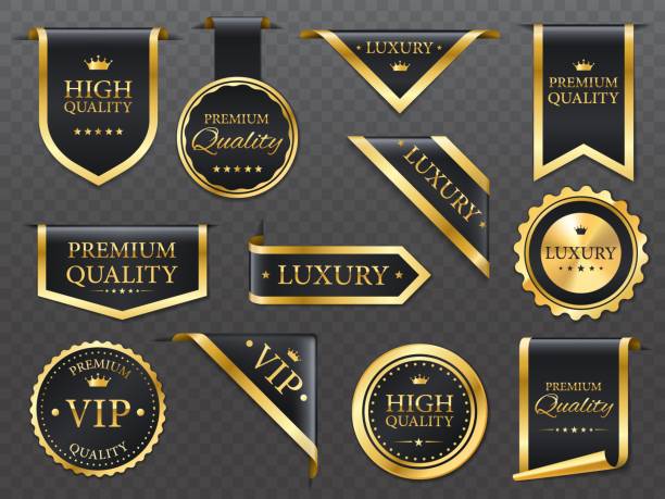 premium, luxuriöse goldene etiketten, banner und bänder - exklusiv stock-grafiken, -clipart, -cartoons und -symbole