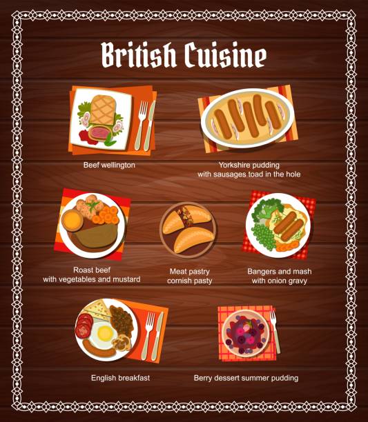 ilustraciones, imágenes clip art, dibujos animados e iconos de stock de plantilla de diseño de página de menú de comidas de cocina británica - yorkshire pudding