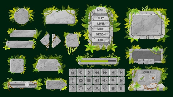 Stone game interface. UI game buttons, GUI elements and icons. Game interface bars, sliders and buttons with stone texture and jungle fern, liana plants, GUI banners and pointers, stone arrows