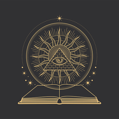 Esoteric tarot symbol, pyramid, eye and spell book in magic pentagram, vector occult sign. Occultism, alchemy and witchcraft symbol of sun and all seeing eye in Egypt pyramid with black magic book