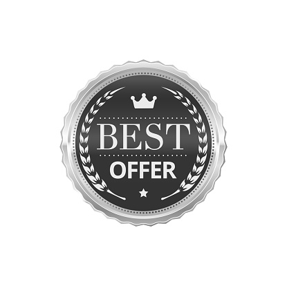 Best price or special offer silver badge and label. Product price special offer symbol or stamp, advertising coupon vector glossy metal label or sign. Promotion deal discount platinum seal with crown