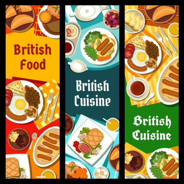 ilustraciones, imágenes clip art, dibujos animados e iconos de stock de banners vectoriales de comida de restaurante de cocina británica - yorkshire pudding