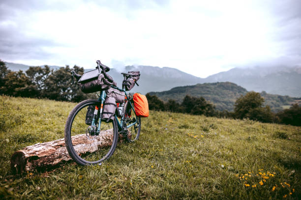 Travelers packed mountain bike with no people stock photo