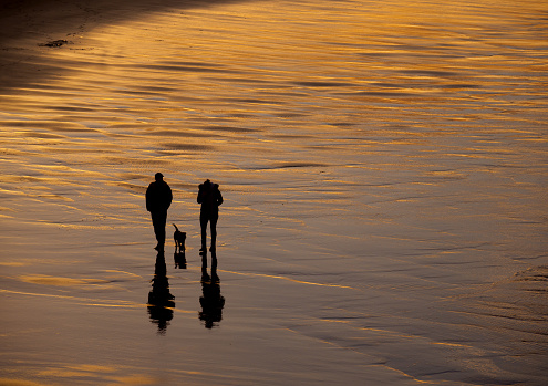 Two people take a dog for a walk along the golden sands at Bude. The sunset reflects off the wet beach and the early evening light tricks the eye into believing they might be walking into a mirage. Perhaps they are locals, or perhaps they are holidaymakers, keen to get back to town for their supper of fish and chips at one of Bude's many pubs and restaurants. Let's hope that the very good boy gets a biscuit!