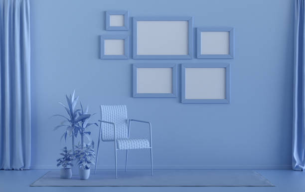 istock Wall mockup with six frames in solid flat pastel light blue color, monochrome interior  and plants 1425703588