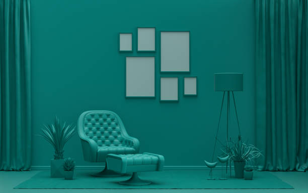 istock Wall mockup with six frames in solid flat pastel dark green color, monochrome interior 1425703820