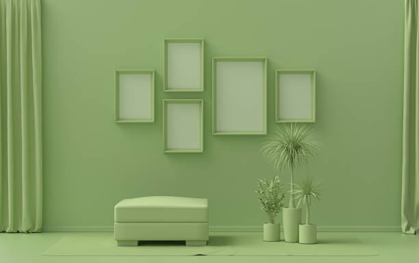 istock Single color monochrome green interior room and plants, 5 poster frames 1425703832