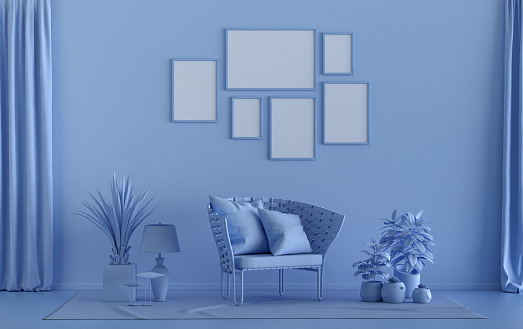 Poster frame background room in flat blue color with 6 frames, poster frame mock-up