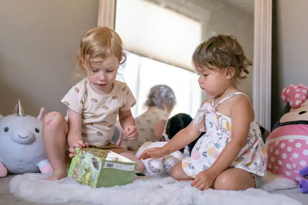 Two-year-old best friend girls sit on the floor of a playroom or child's bedroom and play with stuffed animals and a music box together.