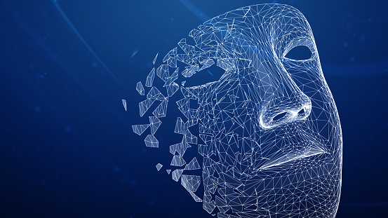 Three-dimensional mask isolated on blue abstract background. 3D illustration.