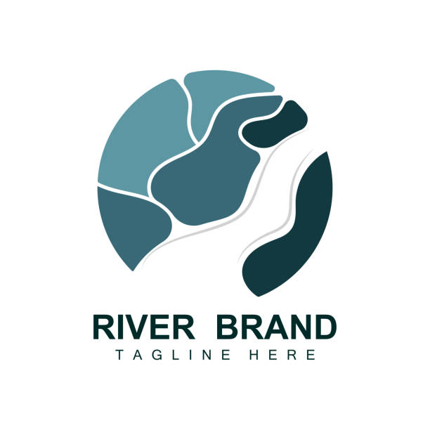 ilustraciones, imágenes clip art, dibujos animados e iconos de stock de diseño del logotipo del río, vector de river creek, ilustración junto al río con una combinación de montañas y naturaleza, marca de producto - river wave symbol sun