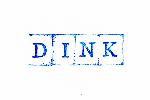 Blue color ink rubber stamp in word DINK (Abbreviation of Double income, no kids or Dual income, no kids) on white paper background