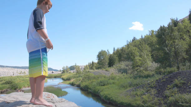 istock boys jump from rock into pond 1425710092