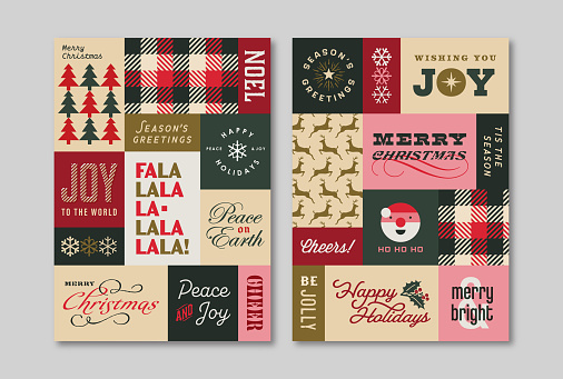 Holiday greeting card design template with nostalgic seasonal collage graphics inspired by the mid-century era. Card template created at 5 x 7 inches (127 x 178 mm) and fits into an A7 envelope. Vector artwork is easy to edit and scales to any size.
