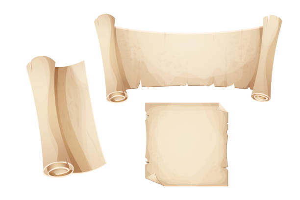 kuvapankkikuvitukset aiheesta aseta muinainen vanha pergamenttipaperi, vieritä, sivu tyhjä keskiaikainen kirje sarjakuvatyyliin eristettynä valkoisella taustalla. pelin omaisuus, grunge-kehys, käsikirjoitus. vektorikuva - kirjakäärö