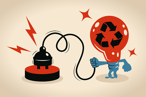Characters Design Vector Art Illustration.
Sustainable Energy concept, a light bulb man holds an electric plug.