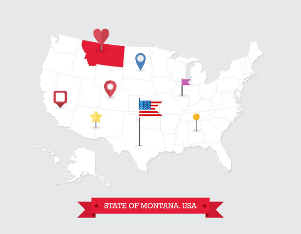 Montana State map highlighted on USA map Montana State map highlighted on USA map. Montana map on United state of America with flag and navigation icons. mexico and usa flag together stock illustrations
