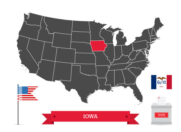 Presidential elections in Iowa Presidential elections in Iowa. State flag and ballot box, silhouette USA map and flag. iowa flag stock illustrations