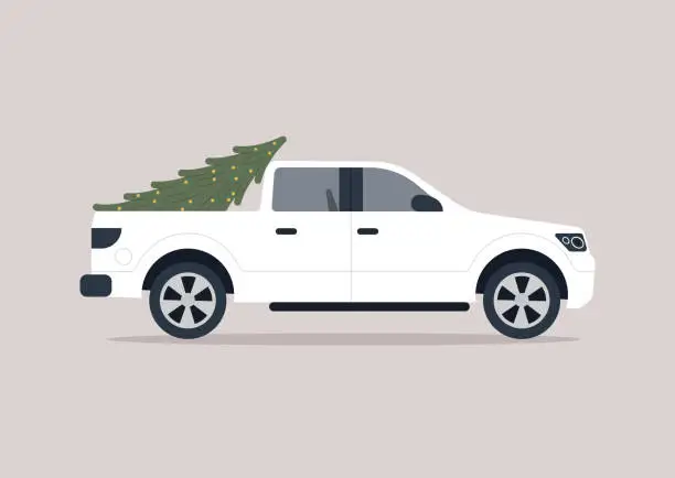 Vector illustration of A side view of a big pick up truck delivering a Christmas tree, a cargo transportation concept, seasonal holidays