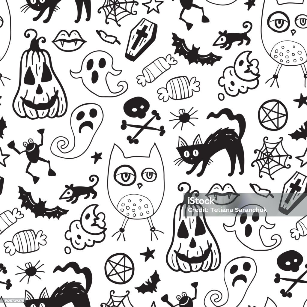 Horror Drawing Patterns Monochrome Seamless Pattern Of Horror Halloween Hand Drawn Doodle ...