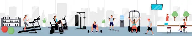 Vector illustration of People working out at the gym.  Horizontal vector  banner illustration.