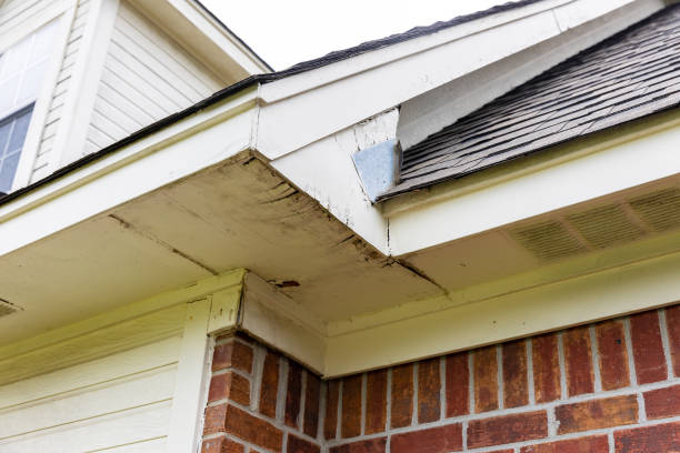 Rotten wood on Soffit and Fascia boards of house stock photo