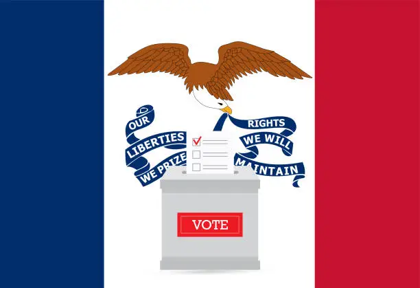 Vector illustration of State flag and ballot box. Presidential elections in Iowa State