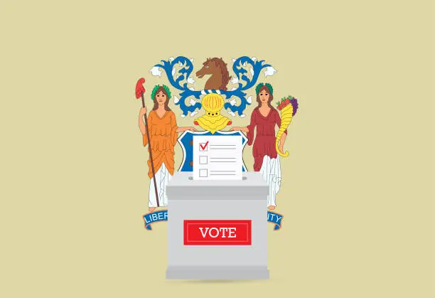 Vector illustration of State flag and ballot box. Presidential elections in New Jersey state