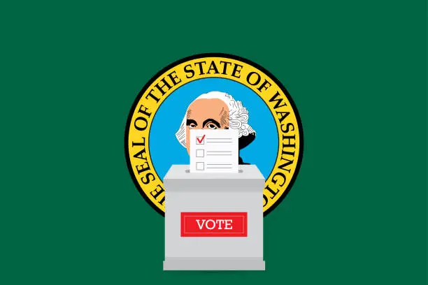 Vector illustration of State flag and ballot box. Presidential elections in Washington state