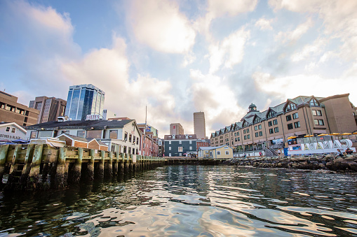 Halifax, Canada - August 30, 2022. Downtown Halifax as viewed from the water on  a summer evening.
