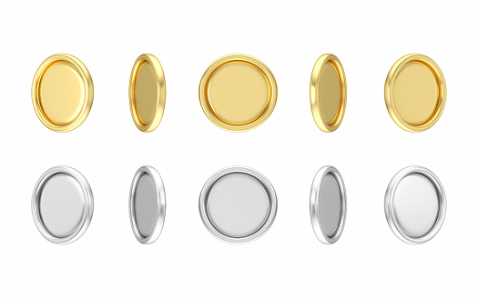 Set of rotating golden and silver coins. Set of spinning gold silver coins in many views rotate in different angles isolated on white background. 3D Rendering