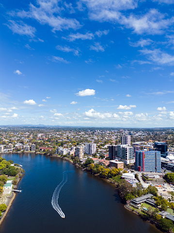 Aerial View of Brisbane River at the suburb of  West End with ferry and boat traffic