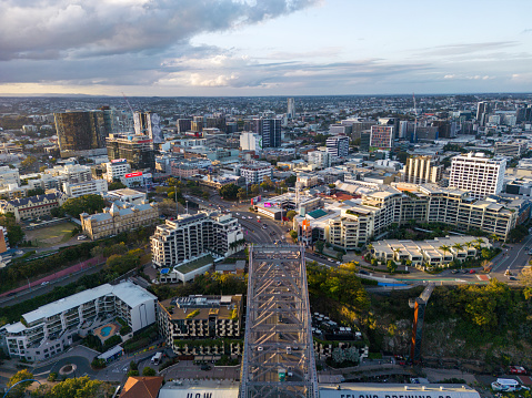 View of Story Bridge Brisbane looking north over Fortitude Valley in the late afternoon