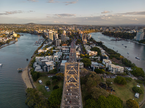 View of Story Bridge Brisbane looking south over Kangaroo Point in the late afternoon