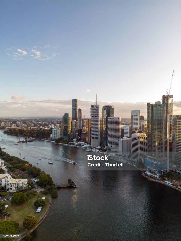 View of the Story Bridge and Brisbane CBD Skyline View of the Story Bridge and Brisbane CBD Skyline at sunset Aerial View Stock Photo