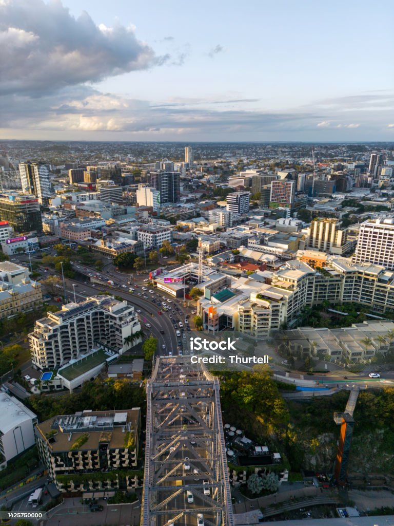 View of Story Bridge, Brisbane View of Story Bridge Brisbane looking north over Fortitude Valley in the late afternoon Aerial View Stock Photo