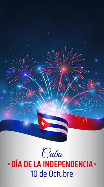 Vector illustration of October 10, independence day cuba. Wavy cuban flag and colorful fireworks on blue sky background. National holiday. Greeting card. Vector illustration. Translation cuba independence day October 10th
