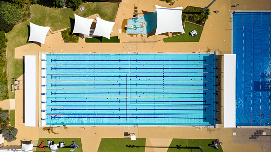 Top down view of public swimming pool