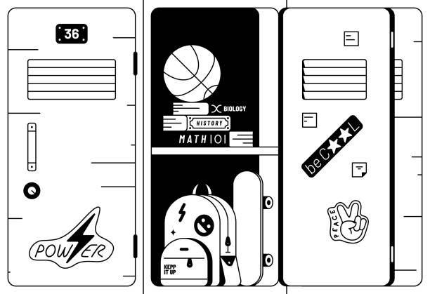 Student lockers at school. School locker with an open door and student stuff inside. Teenage school materials. Teenage school materials. School student locker, books, school bag, skateboard, basketball, stickers, vector illustration. junior high stock illustrations