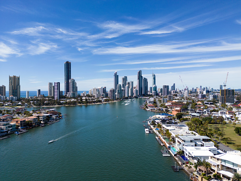 Surfers Paradise with the canals and waterfront Gold Coast suburb of Chevron Island in the foreground