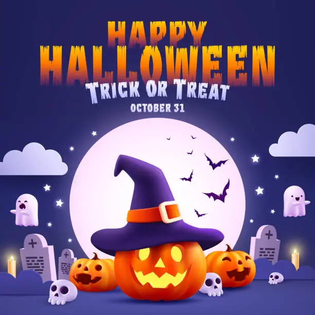 Vector illustration of Halloween Promotion Poster or banner template.Halloween night seen with big Moon, Pumpkin ghost,Wizard Hat,cute ghost,cartoon skull and halloween elements. Website spooky or banner template