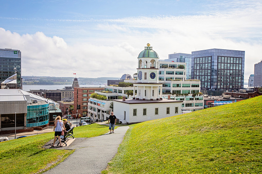 Halifax, Canada - August 31, 2022. Overlooking the Halifax Clocktower and downtown area from the pathway up the citadel.