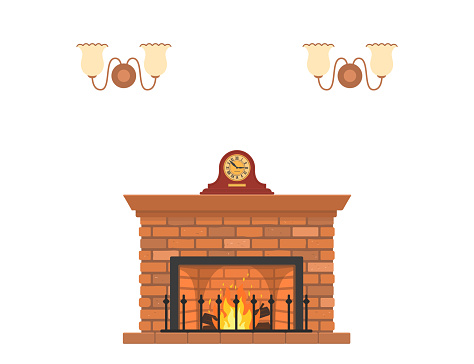 Retro fireplace with mantel clock on white background. Home interior concept. Cartoon flat style. Vector illustration