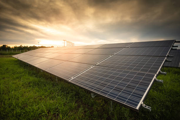 istock Beautiful sunset over Solar Farm 1425764861